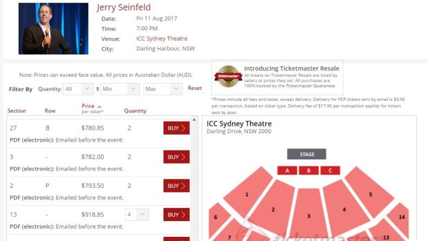 Some of the inflated prices on the Ticketmaster Resale website for Jerry Seinfeld stage show.