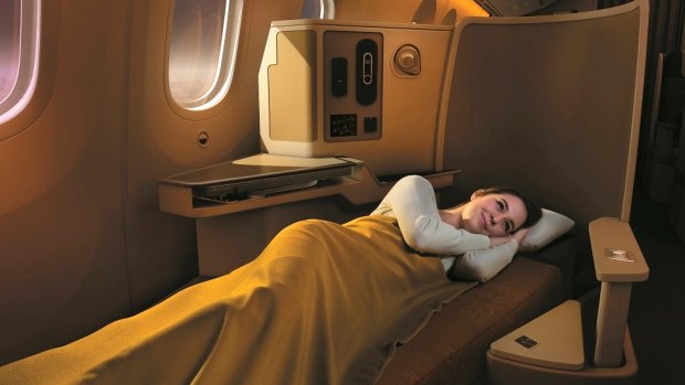The wide-bodied Dreamliner has 28 roomy, fully lie-flat angled business seats in a 1-2-1 configuration. 