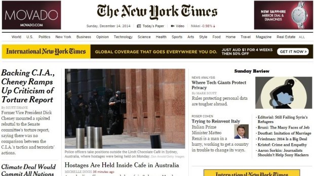 The <i>New York Times</i> homepage on Monday morning (AEDT).