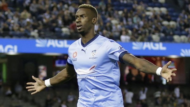 Bernie Ibini-Isei of Sydney FC celebrates a goal during the round 17 A-League match between the Melbourne Victory and Sydney FC.