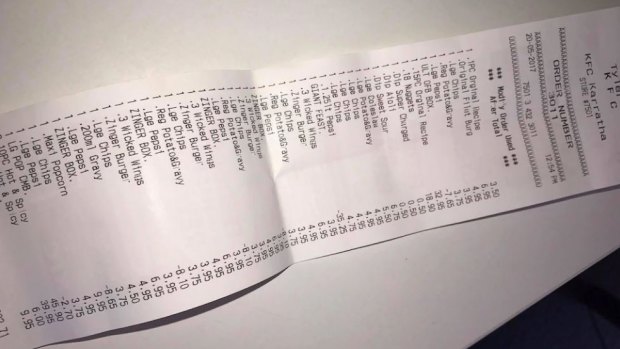 The receipt for the $300 order of the Colonel's finest. 
