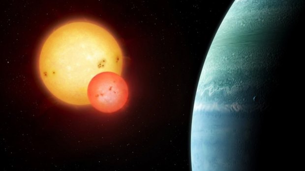An artist's impression of the Kepler-453 system showing the newly discovered planet with its two stars.