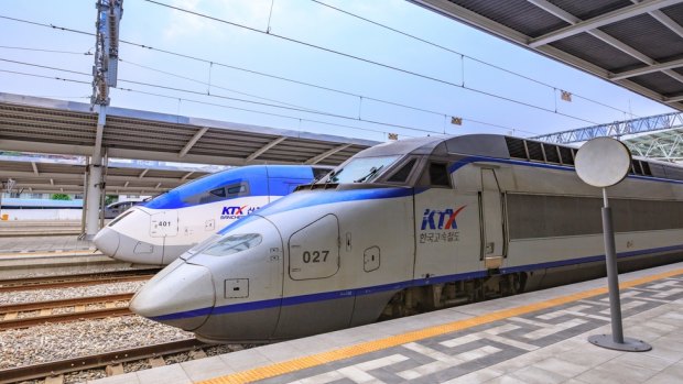 South Korea's high-speed bullet trains (KTX) and Korail trains at the Seoul station.