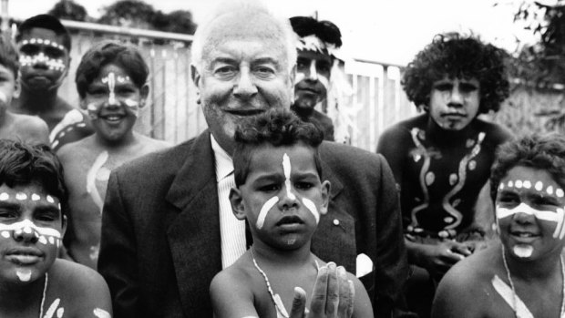 Opening of the Aboriginal Health Service Centre in Fitzroy. Gough Whitlam with the young corroboree dancers in 1993.