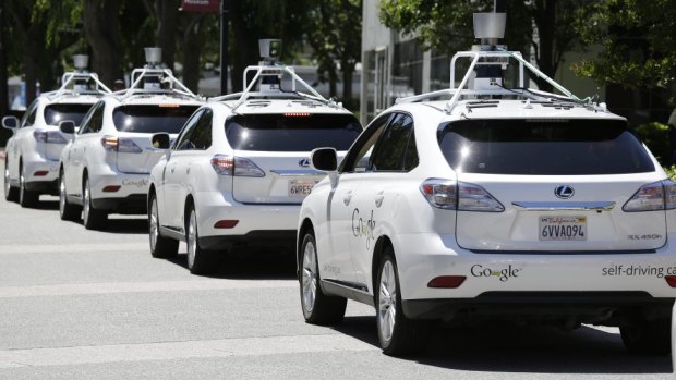 A row of Google's self-drive cars in California. Rapid progress in autonomous vehicle capabilities are perhaps the most substantial advance in transport since the invention of the automobile.