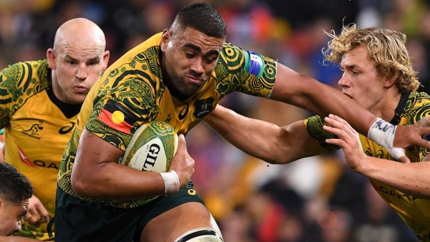 Outta my way: Lukhan Tui had a sensational impact off the bench for the Wallabies.