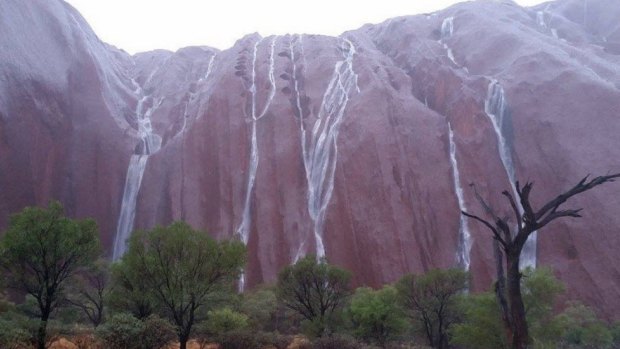 Waterfalls stream down Uluru after record rains.