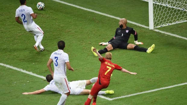 Even the greatest can fall: Belgium's Kevin De Bruyne shoots past US goalkeeper Tim Howard.