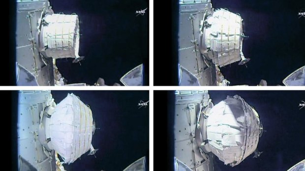 This combination of images provided by NASA shows the inflation of the BEAM experimental room at the International Space Station on Saturday.