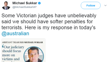 A tweet which no longer appears on Assistant Treasurer Michael Sukkar's account.