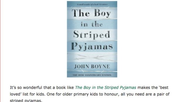 A screenshot of the original post suggesting that children dress up as a character in  The Boy in the Striped Pyjamas. The post was removed from Children's Book  Daily after complaints that it was offensive. 