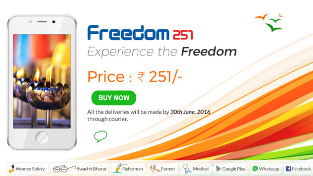 An ad for the Freedom 251 shows some of its pre-installed apps and incredibly low price.
