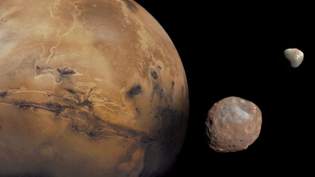 Mars has two cratered moons: an inner moon named Phobos and an outer moon named Deimos. 