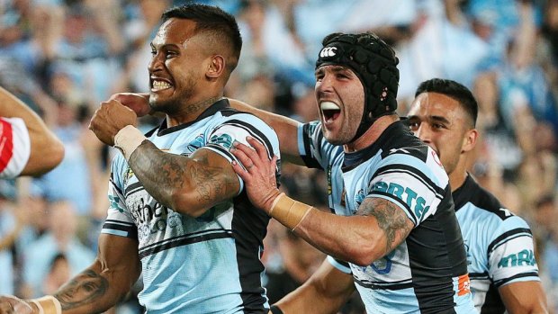 Never forgotten: Ben Barba celebrates scoring the first try in the Sharks' grand final triumph in 2016.