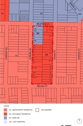 Rezoned on December 2. The land that includes the Mehajer property is in grey, B4, commercial mixed use. 