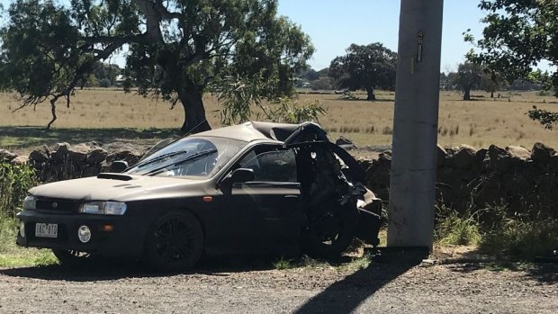 Owen Sugay was a passenger in this Subaru Impreza that smashed into a pole on Friday.