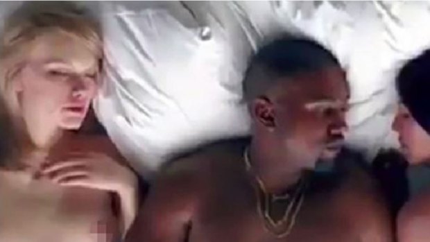 Kanye sleeping next to a Taylor Swift lookalike in his <i>Famous</i> video.