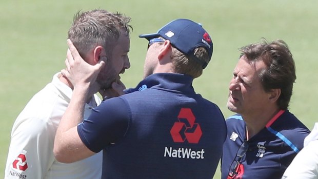 Ashes cauldron: Mark Stoneman receives medical treatment after being hit on the head from a delivery by Josh Hazlewood.