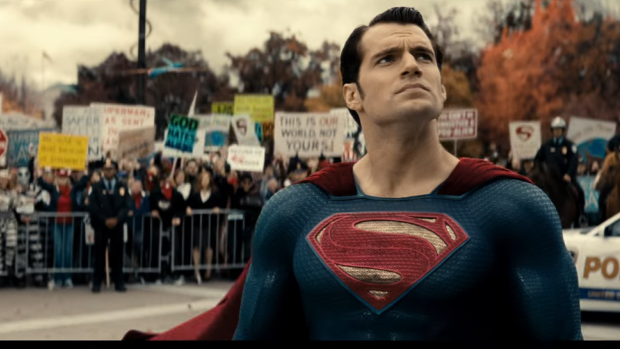 Nobody likes Superman in this film (seen here at a senate inquiry into his powers).
