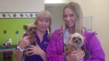 Pistol and Boo, with dog groomers Lianne and Ellie Kent, who unwittingly alerted authorities to their presence in the country.