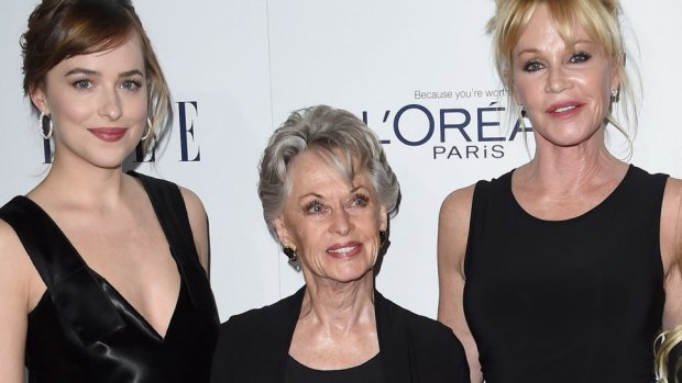 Tippi Hedren, centre, with daughter Melanie Griffith, right, and granddaughter Dakota Johnson, left.