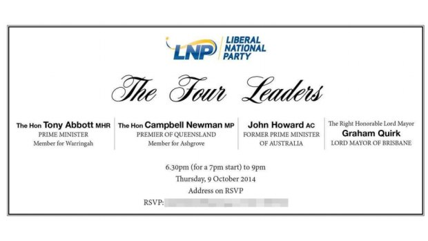 A copy of an invitation to the LNP fundraising dinner.