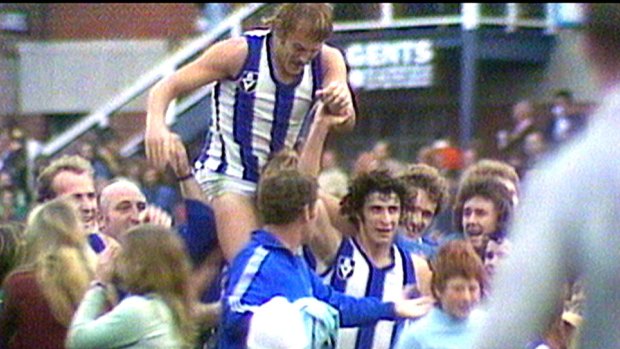 MUST CREDIT CHANNEL 7
Supplied television grab of North Melbourne's Mal Blight /  Malcolm Blight celebrating after kicking a goal in round 10 game against Carlton on 5 June 1976