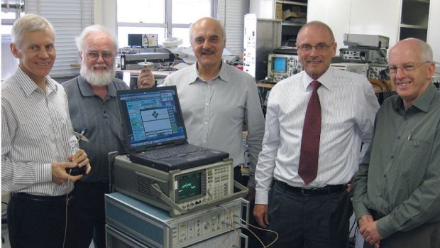 CSIRO Wi-Fi technology inventors, from left: Terry Percival , John Deane, Diet Ostry, John O'Sullivan and Graham Daniels at CSIRO's Marsfield lab in Sydney, where the technology was developed in the 1990s.