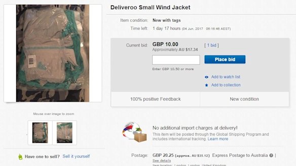 An eBay listing for a Deliveroo jacket. June 2, 2017. Photo: Supplied