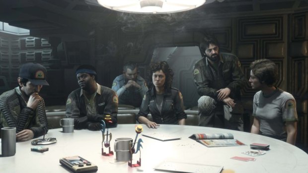 Sigourney Weaver returns as Ripley in <i>Alien: Isolation</i>, surrounded by her fellow cast members as the crew of the Nostromo.