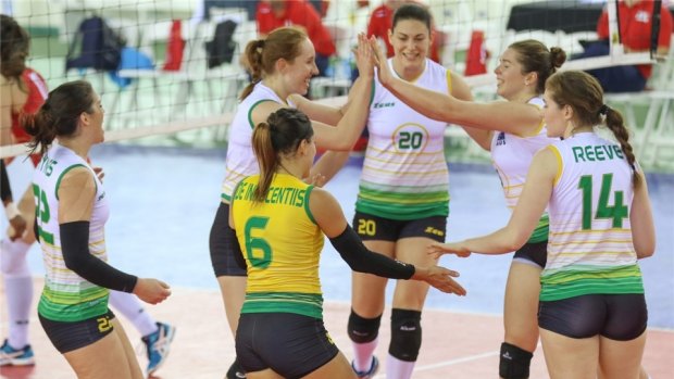 The Australian Volleyroos celebrate at the World Grand Prix.
