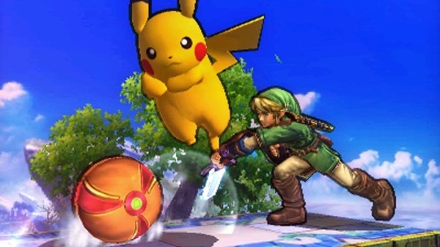 Fan favourites Pikachu and Link duke it out, while Samus retreats to her trademark ball.