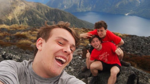 Natural highs: former McKinnon Secondary College students Dechlan Hamilton, left, Loukas Kakogiannis and Ned Dann organised their own end-of-year walking trip to New Zealand. 
