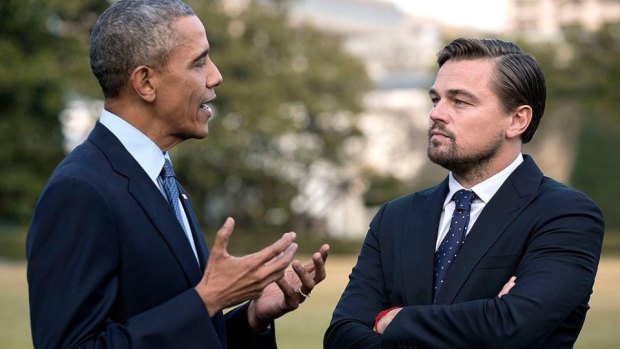 Barack Obama and Leonardo DiCaprio discuss climate change in <i>Before The Flood</i>.