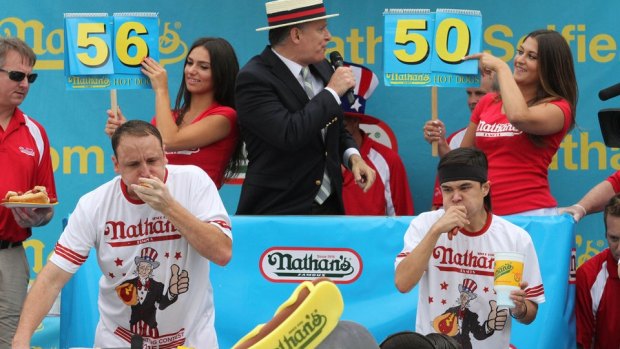 Neck and neck: Joey Chestnut, left, and Matt Stonie during the contest.