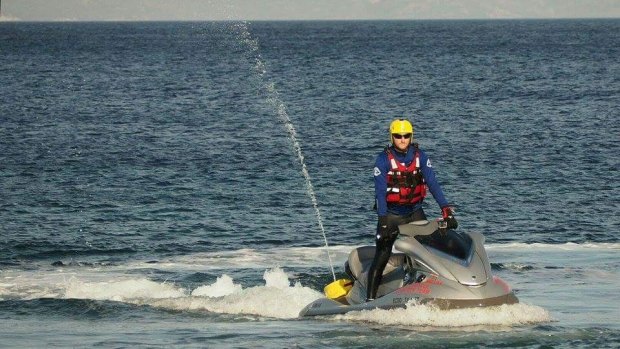 St Kilda surf lifesaver Simon Lewis in Lesbos, returning from the first ever rapid rescue jet-ski patrol along the Greek coast line by a foreigner. 
