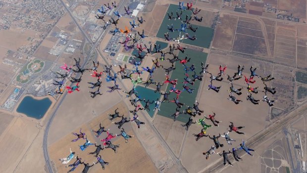 Adrenalin Skydive Goulburn instructors Ken Richards, Tony Kaine, Derek Murphy and Matt Chambers were part of the group of 119 Australian skydivers who broke the record for the largest Australian formation skydive in Perris Valley California on Monday.