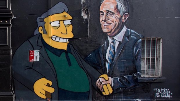 A mural of Turnbull and Adani by artist Scott Marsh in Chippendale, Sydney. 