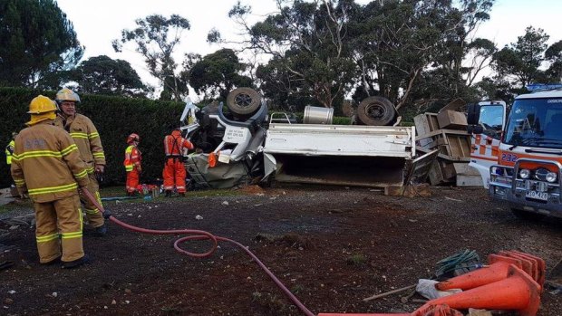 The scene of the truck rollover in Mount Macedon.
