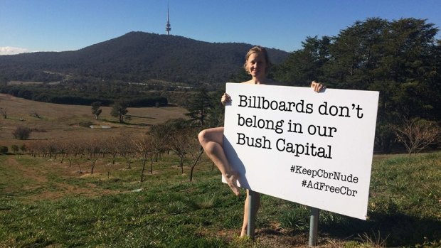 Deb Cleland poses for a campaign hoping to keep Canberra "nude", or billboard-free.