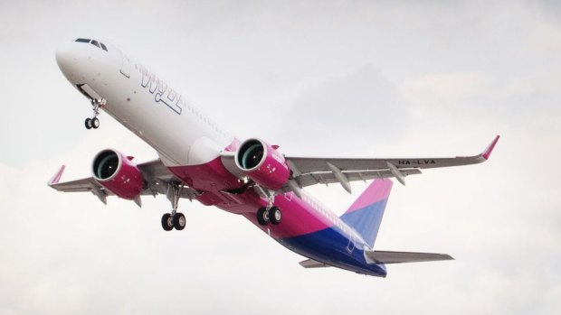 A Wizz Air A321neo. The budget airline claims to be Europe's greenest and does not have any business class seats on its aircraft.