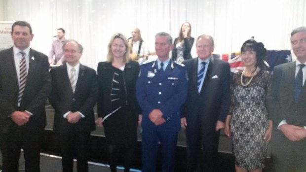 Margaret Cunneen (third from left) with Andrew Scipione (in blue) and Fred Nile (third from right) at the CDP fundraiser.