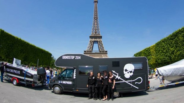 Hollywood star Charlie Sheen donated a boat used by Sea Shepherd members, seen here in Paris. 