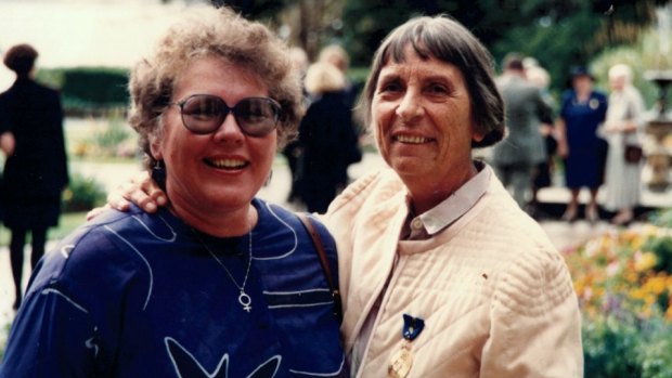 Joyce Stevens (R) and her partner Margo Moore, on the day Stevens received her award as a Member of the Order of Australia for services to social justice for women.