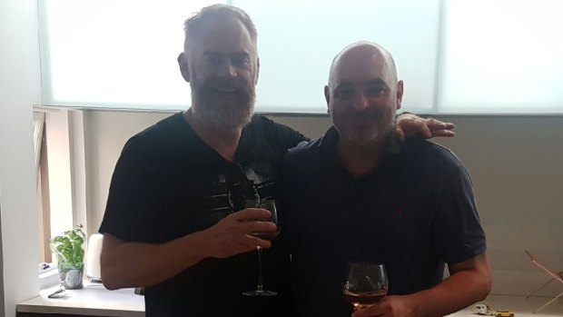 Simon McIntyre (left with beard) and Daniel Hausman on Christmas Day 2016.