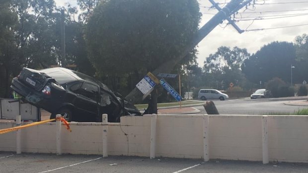 Parts of Balga have been left without electricity after a car crashed into a power pole at lunchtime on Saturday.