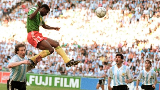 Francois Omam-Biyick heads home the goal that saw Cameroon shock Argentina in 1990.