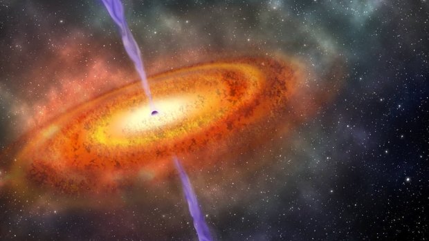 This artist's concept shows the most distant supermassive black hole ever discovered. It is part of a quasar from just 690 million years after the Big Bang that created the universe.