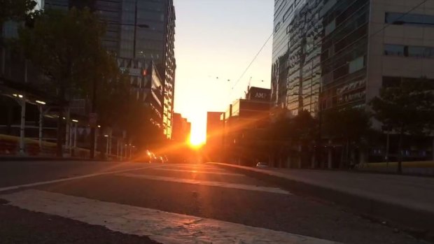 A view of Melbourne Henge from Collins Street on Tuesday night.