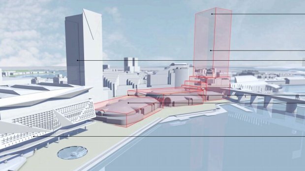 The nominal development envelope for the Harbourside Shopping Centre, as submitted with Mirvac's preliminary concept lodged with the Department of Planning and Environment.